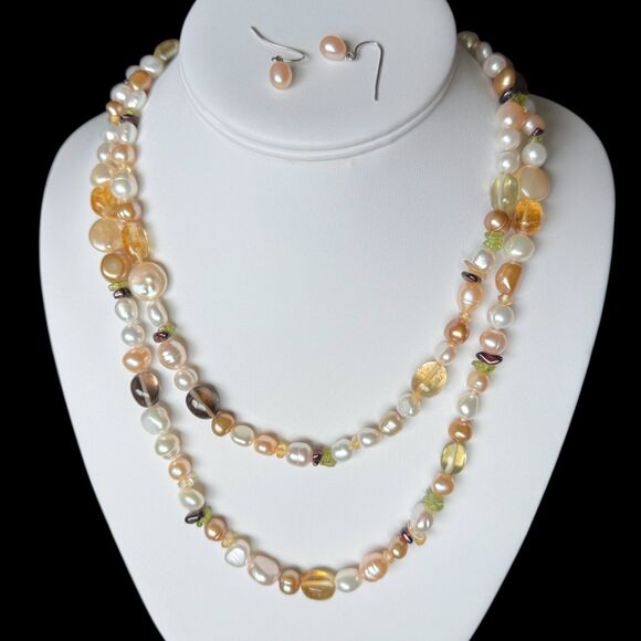 Honora 40" Freshwater Pearl & Gemstone Necklace w/ Earrings Citrine Smoky Quartz - Picture 6 of 16
